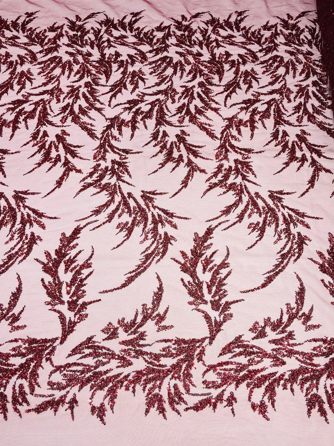 Leaf Plant Cluster Design Fabric - Burgundy - Beaded Embroidered Leaves Design on Lace Mesh By Yard