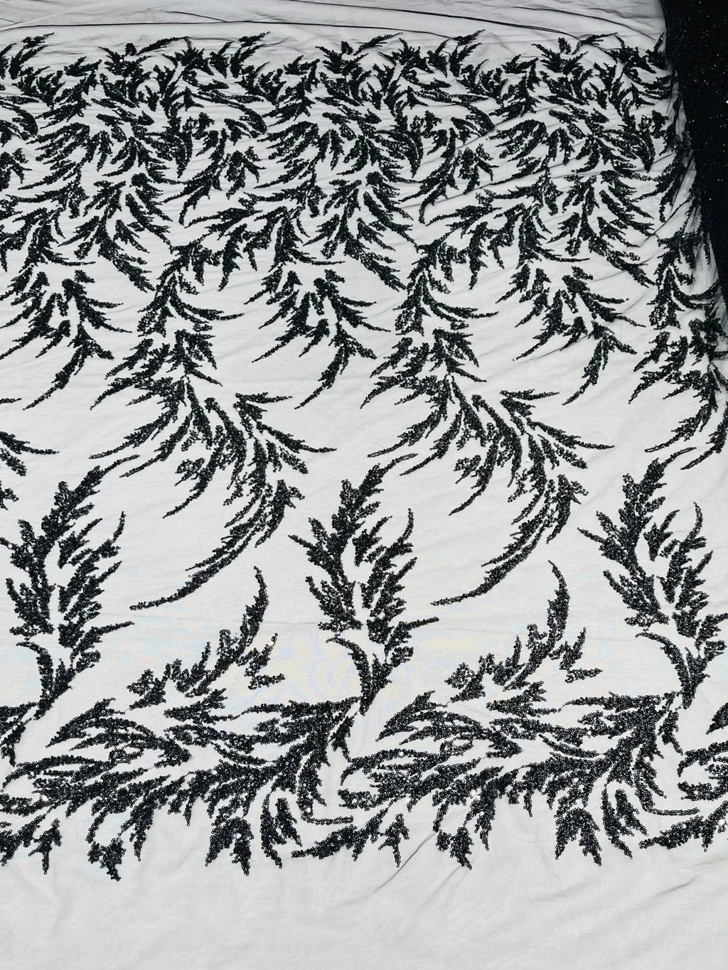 Leaf Plant Cluster Design Fabric - Black - Beaded Embroidered Leaves Design on Lace Mesh By Yard