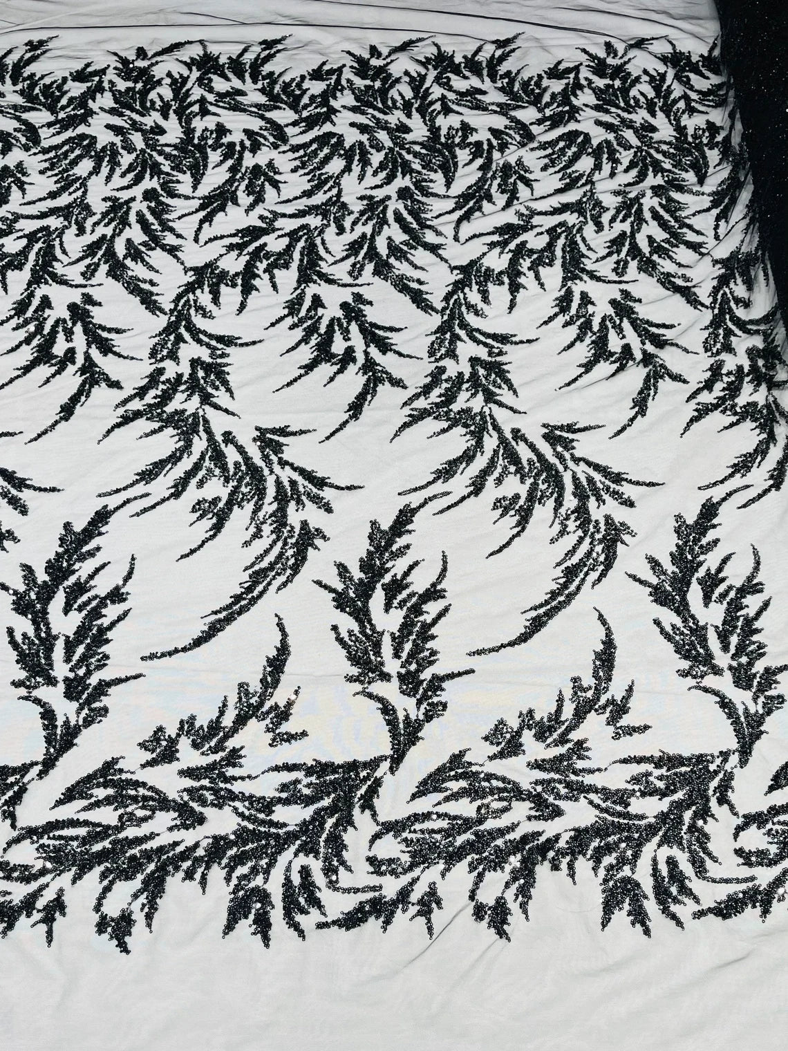 Leaf Plant Cluster Design Fabric - Black - Beaded Embroidered Leaves Design on Lace Mesh By Yard