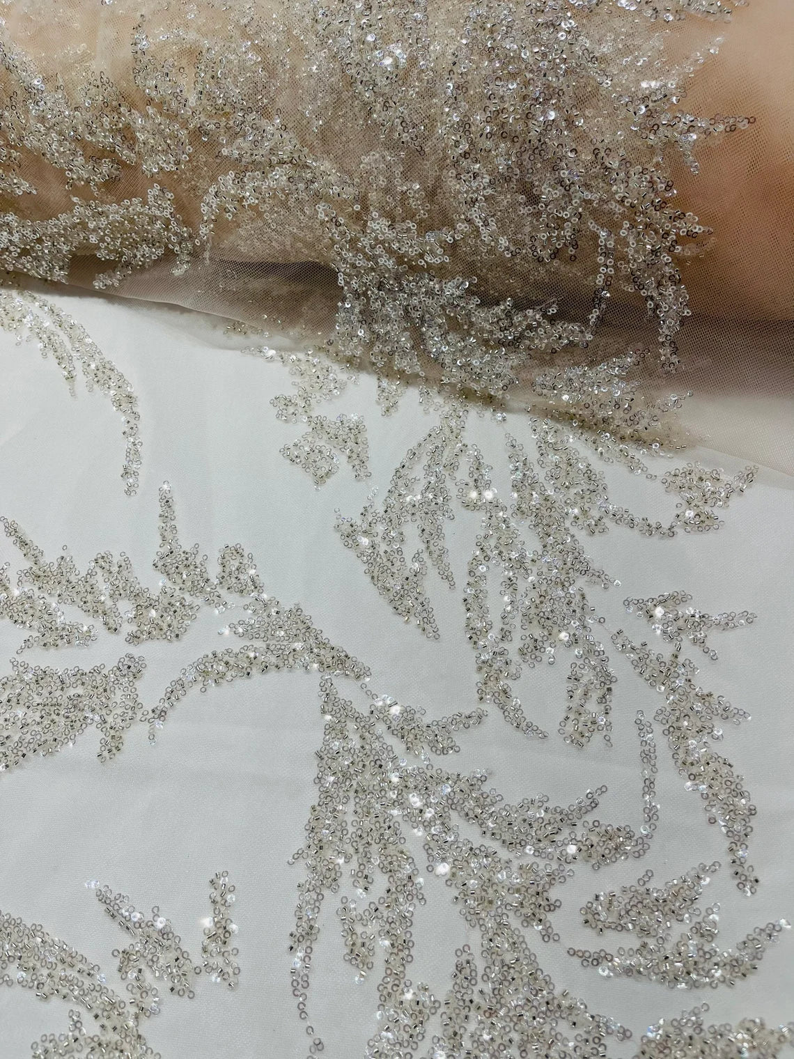 Leaf Plant Cluster Design Fabric - Clear Blush on Mesh - Beaded Embroidered Leaves Design on Lace Mesh By Yard