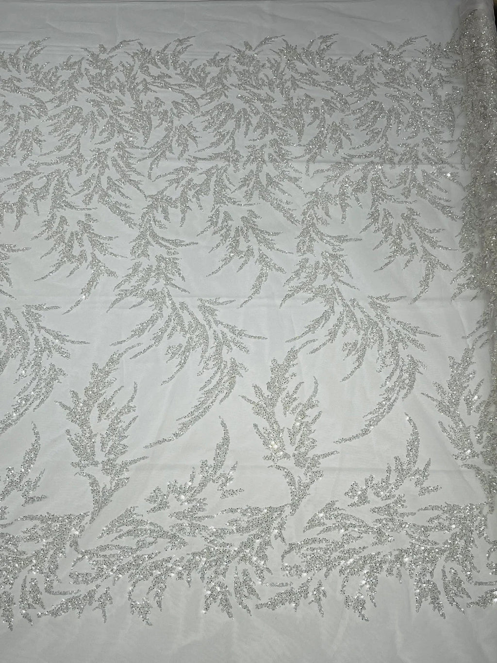 Leaf Plant Cluster Design Fabric - White - Beaded Embroidered Leaves Design on Lace Mesh By Yard