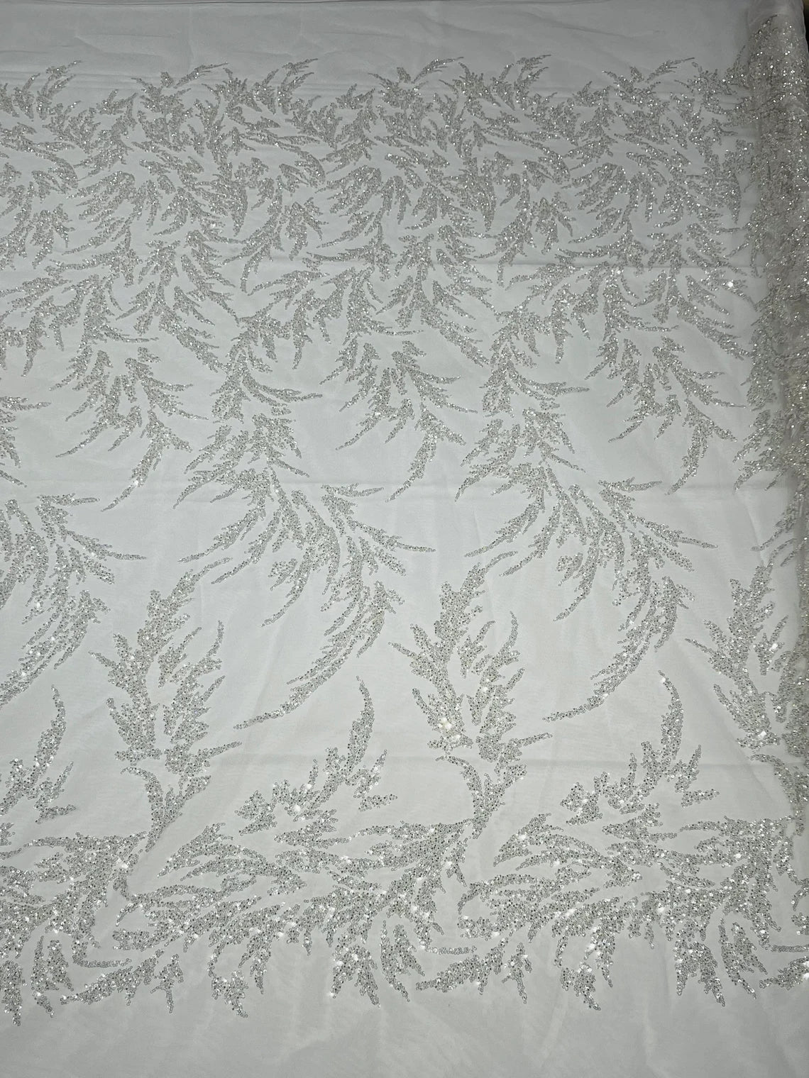 Leaf Plant Cluster Design Fabric - White - Beaded Embroidered Leaves Design on Lace Mesh By Yard