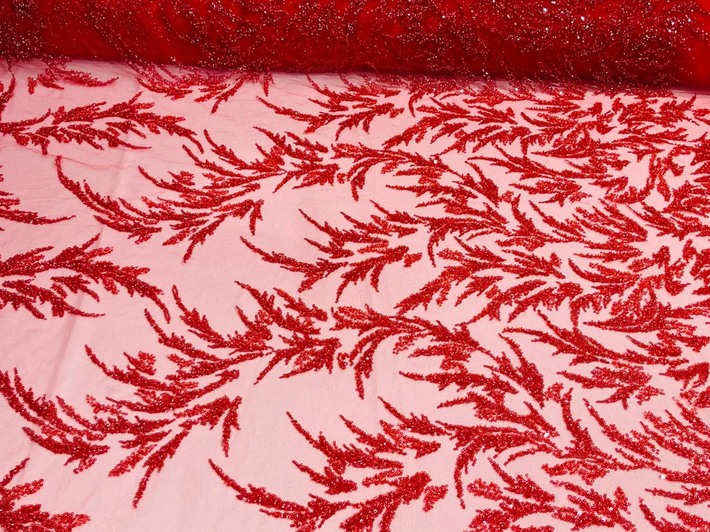 Leaf Plant Cluster Design Fabric - Red - Beaded Embroidered Leaves Design on Lace Mesh By Yard