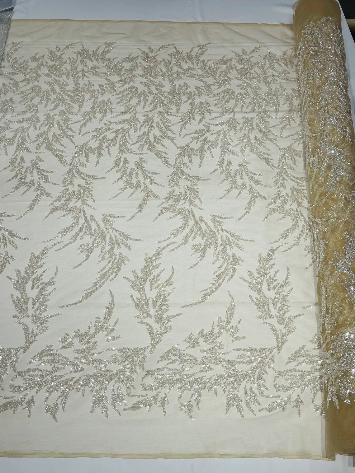 Leaf Plant Cluster Design Fabric - Clear on Nude Mesh - Beaded Embroidered Leaves Design on Lace Mesh By Yard
