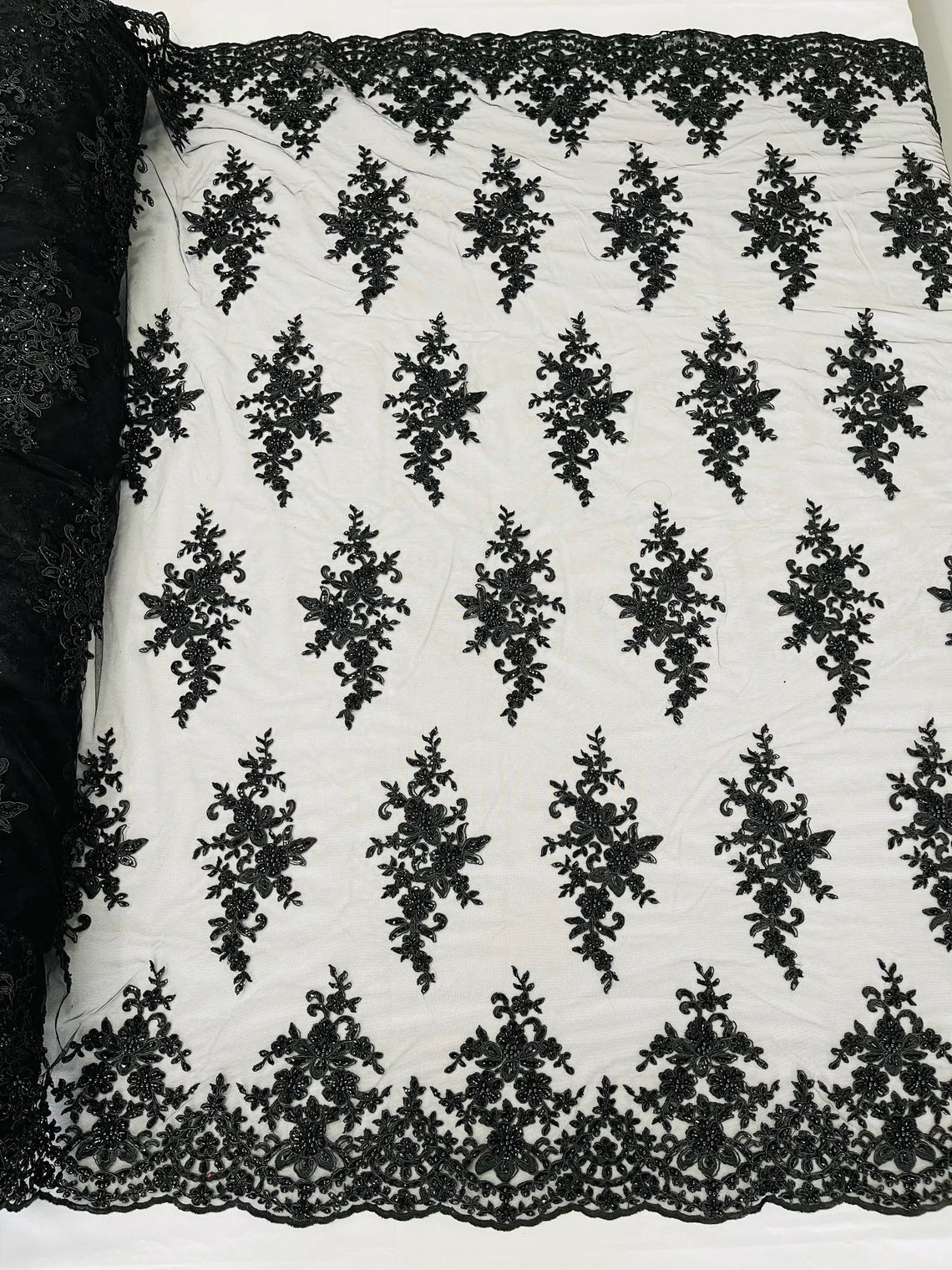 Beaded Shiny Floral Cluster - Black - Embroidered Luxury Floral Design by Yard