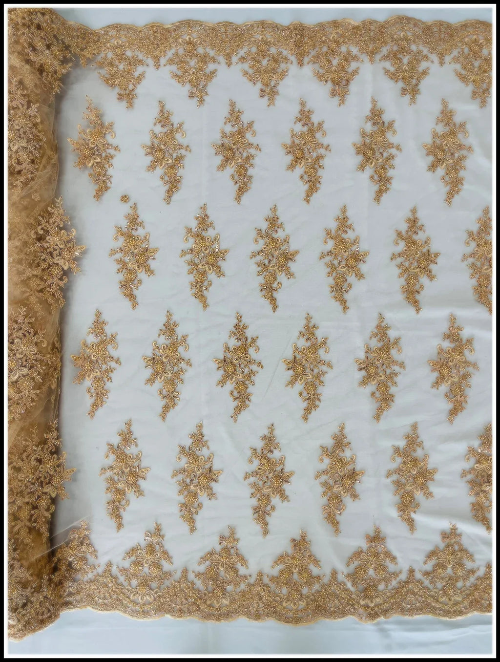 Beaded Shiny Floral Cluster - Champagne - Embroidered Luxury Floral Design by Yard