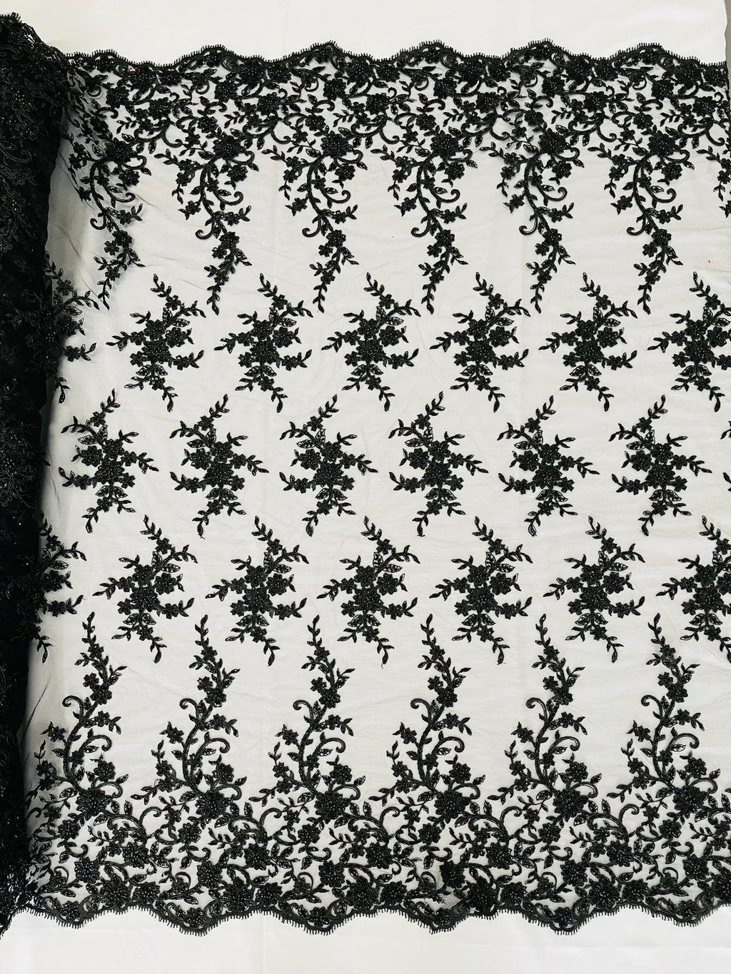 Beaded Floral Cluster - Black - Fancy Embroidered Glamorous Floral Design by Yard
