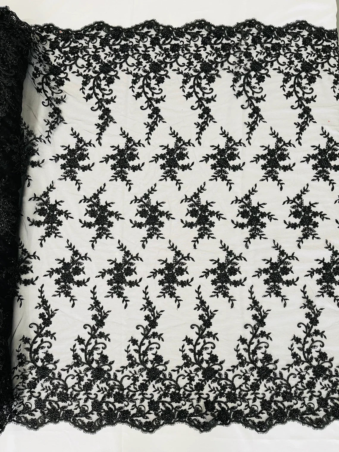 Beaded Floral Cluster - Black - Fancy Embroidered Glamorous Floral Design by Yard