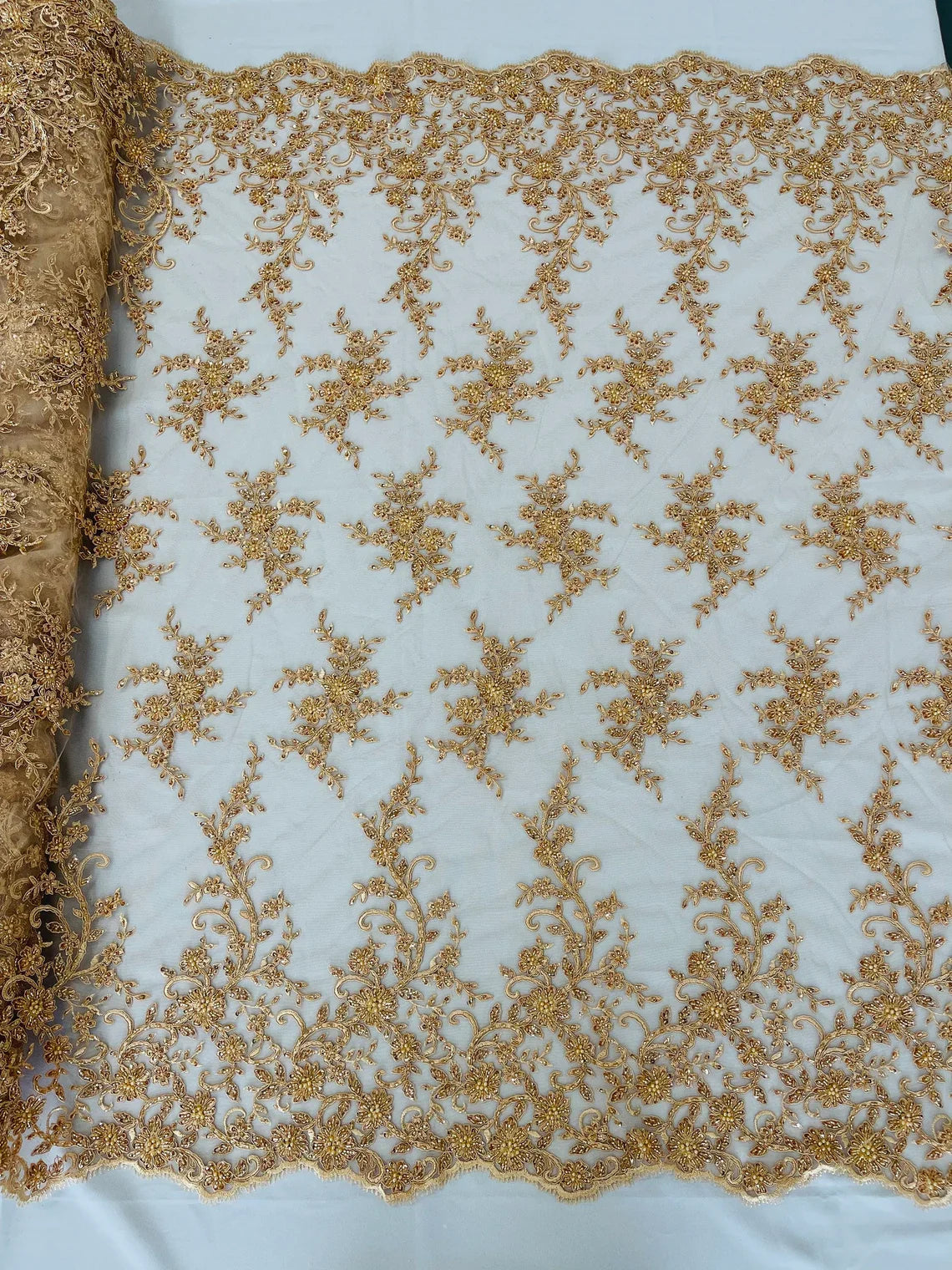Beaded Floral Cluster - Champagne - Fancy Embroidered Glamorous Floral Design by Yard