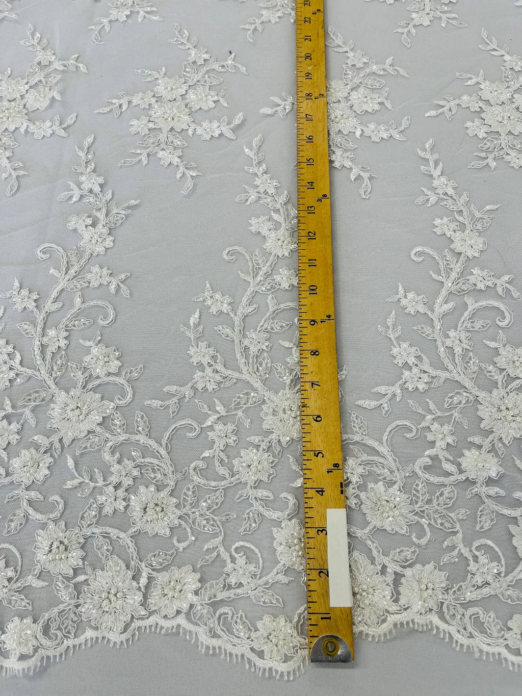Beaded Floral Cluster - White - Fancy Embroidered Glamorous Floral Design by Yard