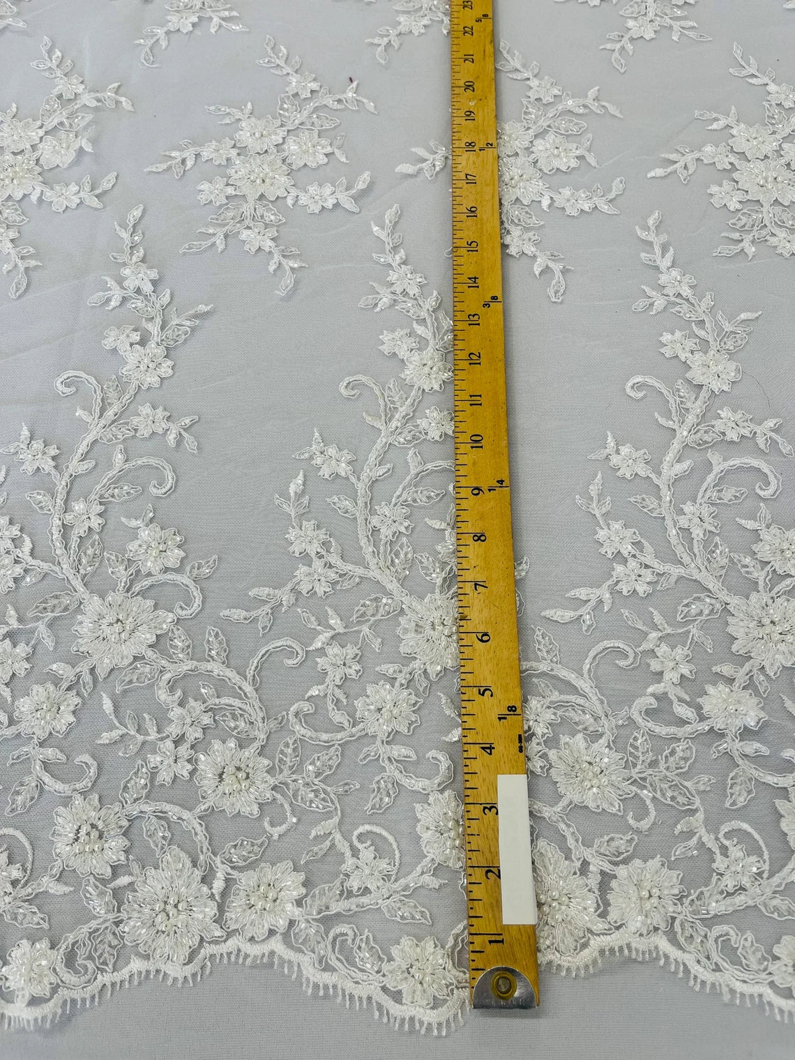 Beaded Floral Cluster - White - Fancy Embroidered Glamorous Floral Design by Yard
