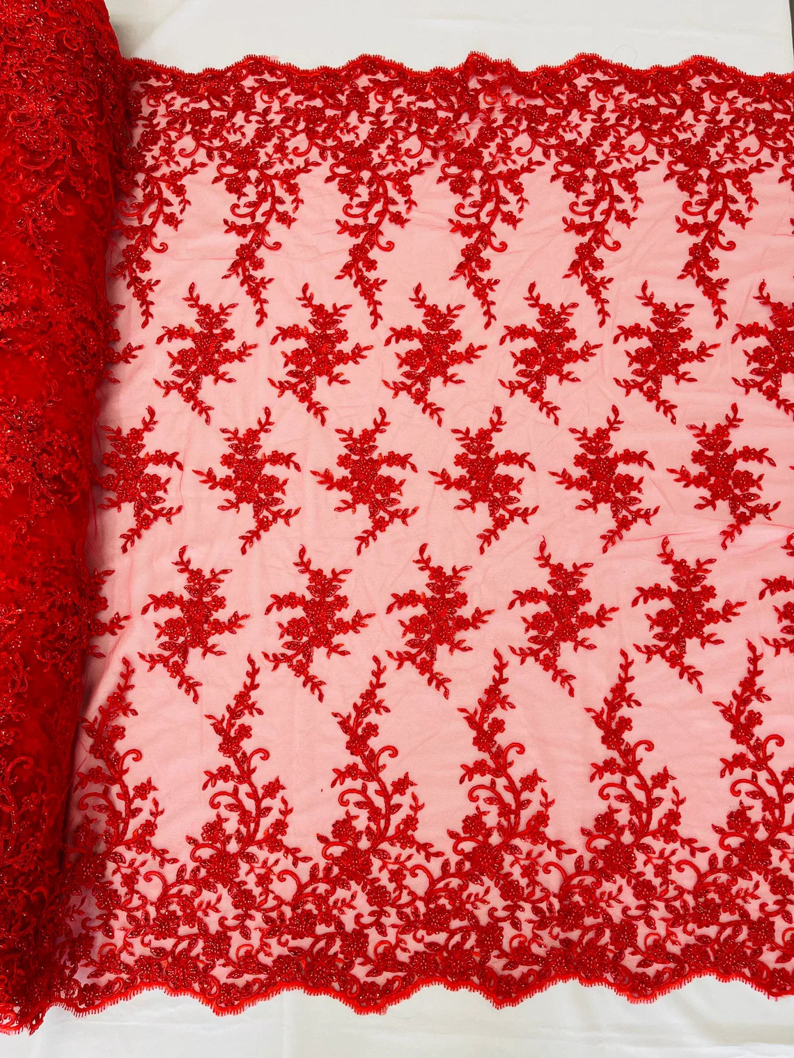 Beaded Floral Cluster - Red - Fancy Embroidered Glamorous Floral Design Sold by Yard