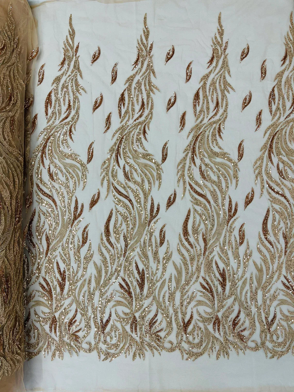 Fire Flame Bead Design - Rose Gold - Embroidered Fire Flame Design Fabric with Beads by Yard