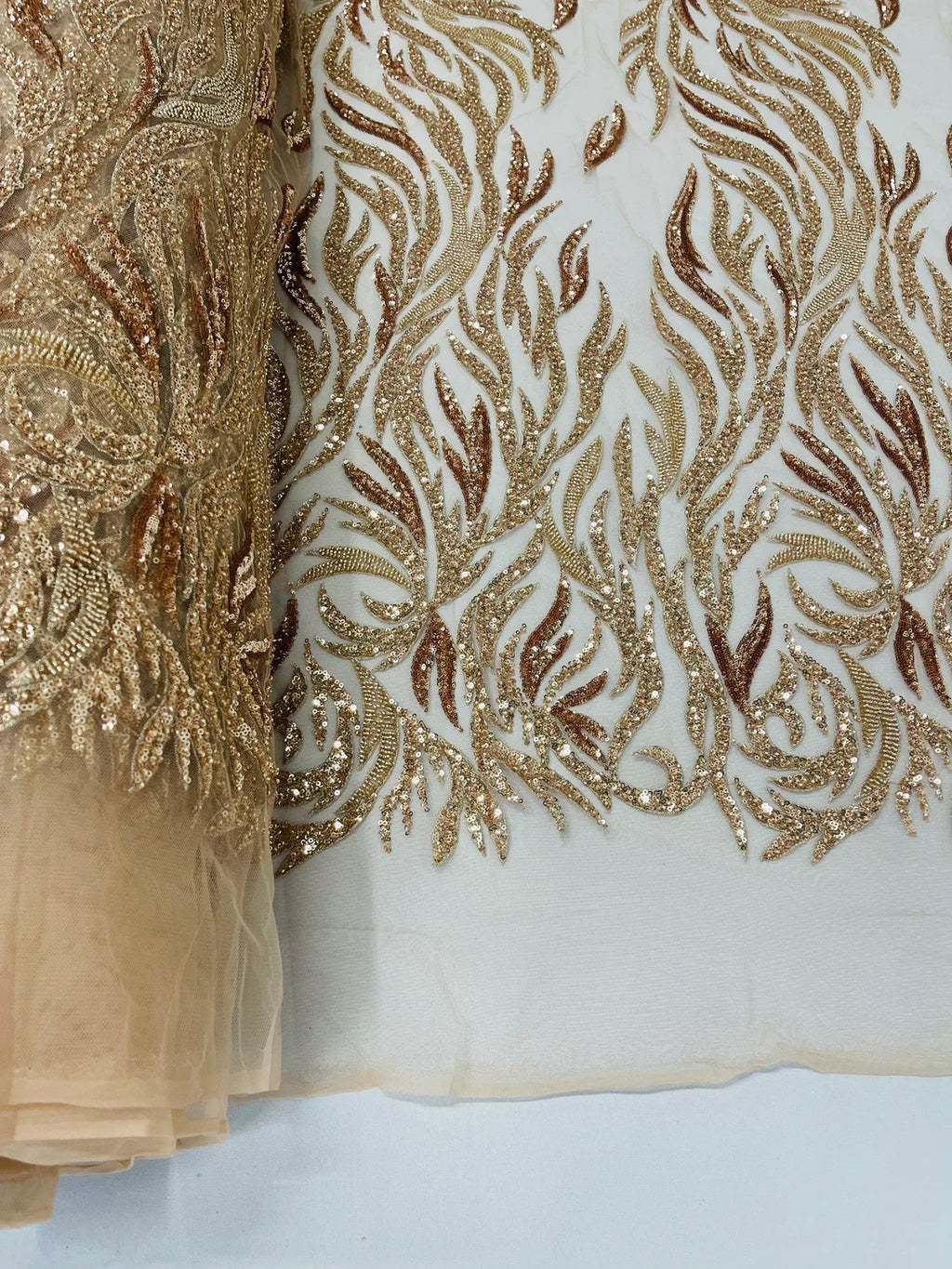 Fire Flame Bead Design - Rose Gold - Embroidered Fire Flame Design Fabric with Beads by Yard