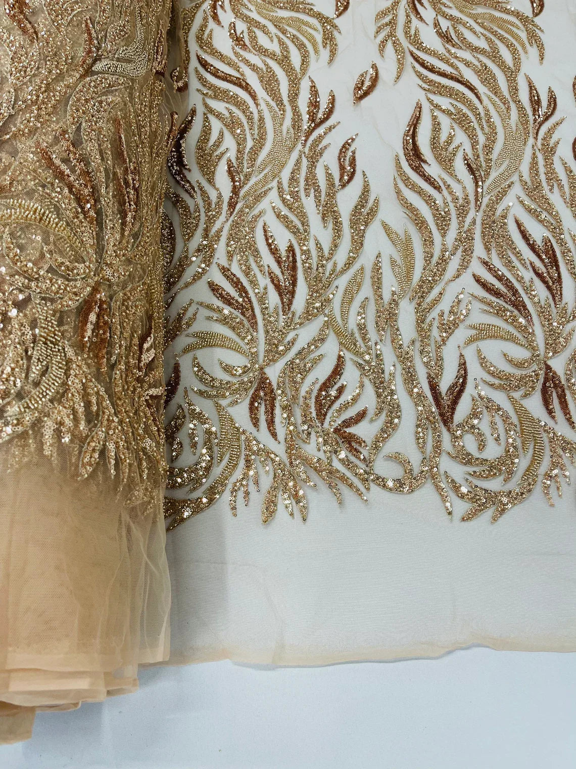 Fire Flame Bead Design - Rose Gold - Embroidered Fire Flame Design Fabric with Beads by Yard