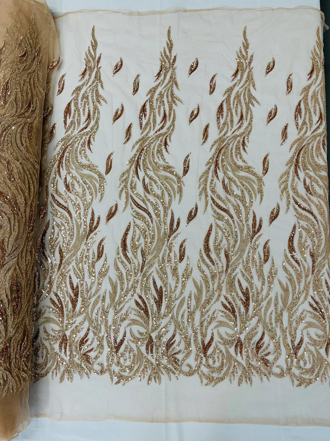 Fire Flame Bead Design - Rose Gold - Embroidered Fire Flame Design Fabric with Beads by Yard