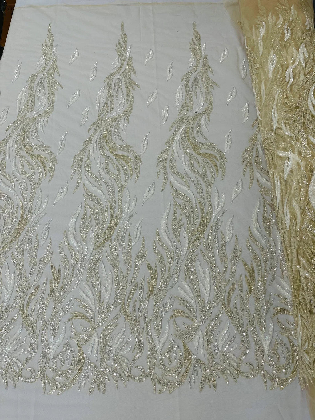 Fire Flame Bead Design - Clear Cream - Embroidered Fire Flame Design Fabric with Beads by Yard