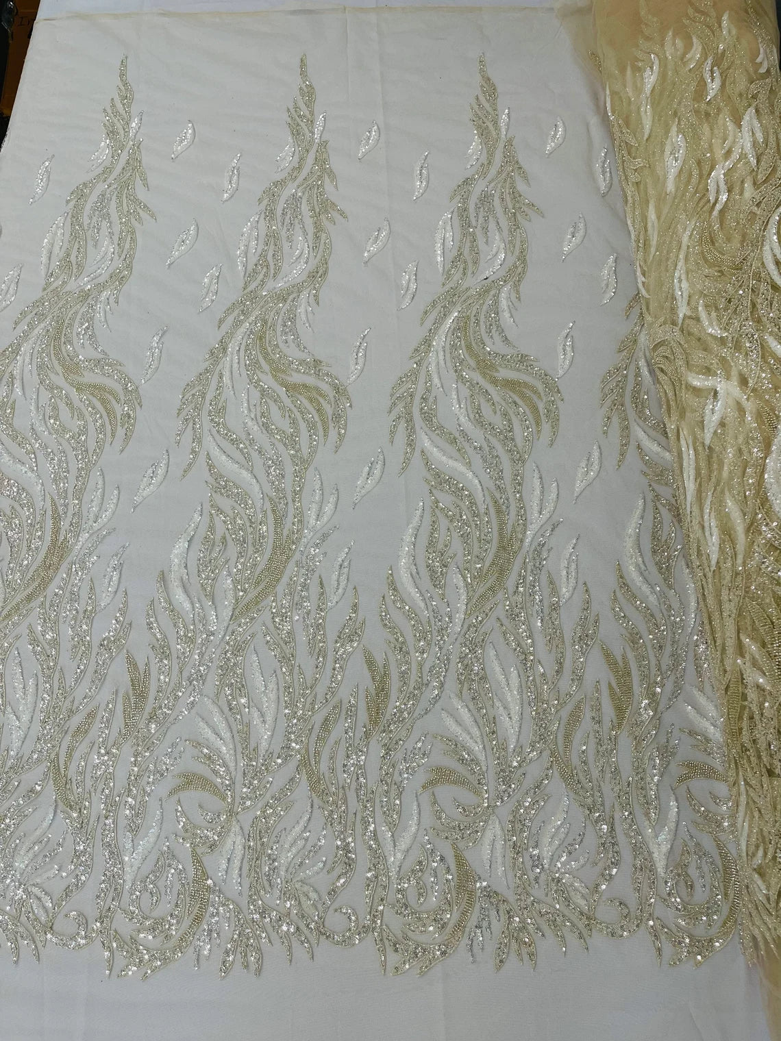 Fire Flame Bead Design - Clear Cream - Embroidered Fire Flame Design Fabric with Beads by Yard