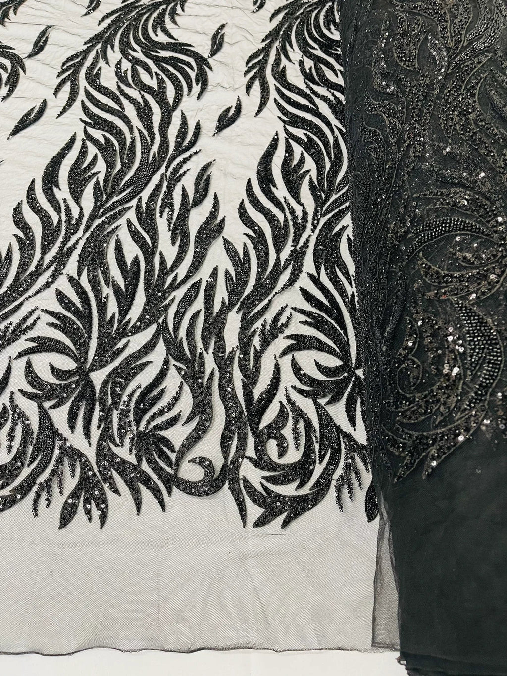 Fire Flame Bead Design - Black - Embroidered Fire Flame Design Fabric with Beads by Yard