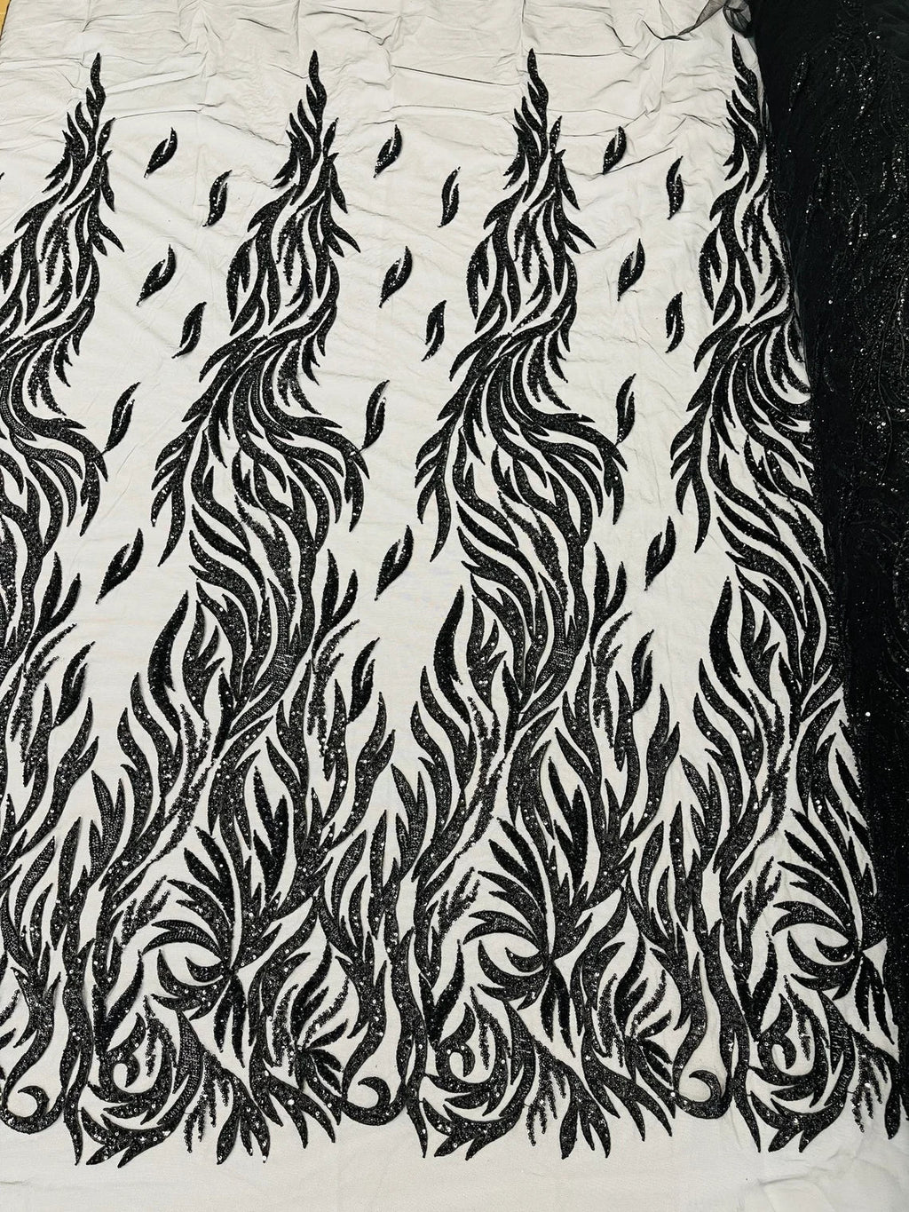 Fire Flame Bead Design - Black - Embroidered Fire Flame Design Fabric with Beads by Yard