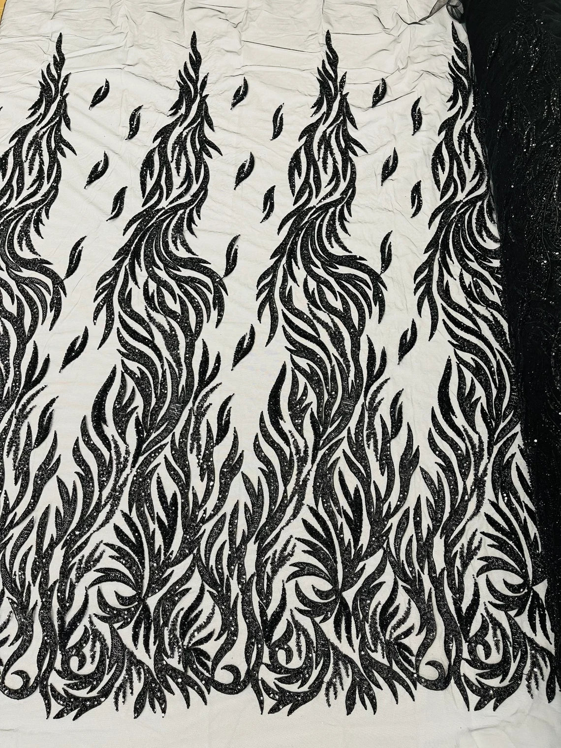 Fire Flame Bead Design - Black - Embroidered Fire Flame Design Fabric with Beads by Yard