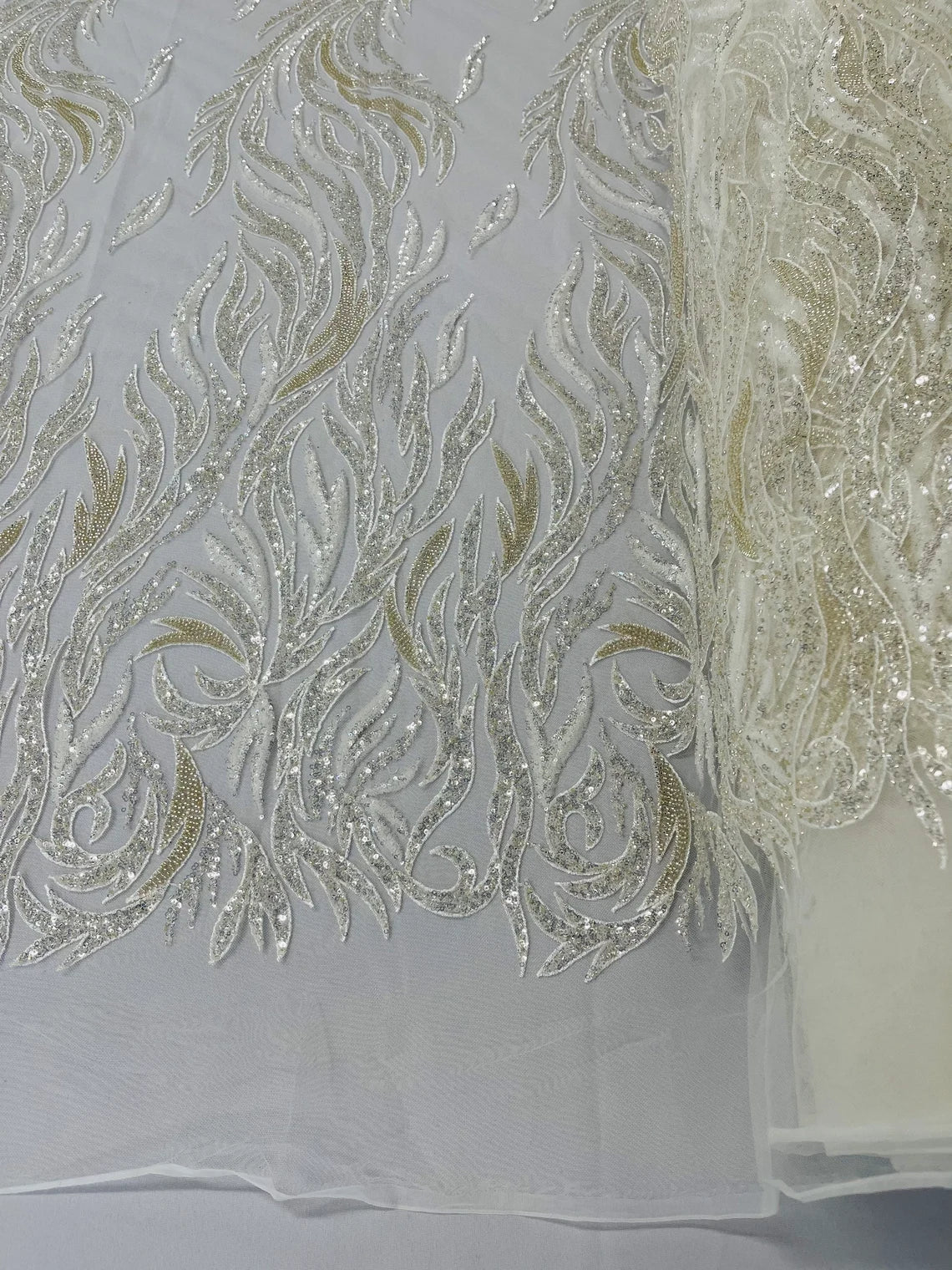 Fire Flame Bead Design - Ivory - Embroidered Fire Flame Design Fabric with Beads by Yard