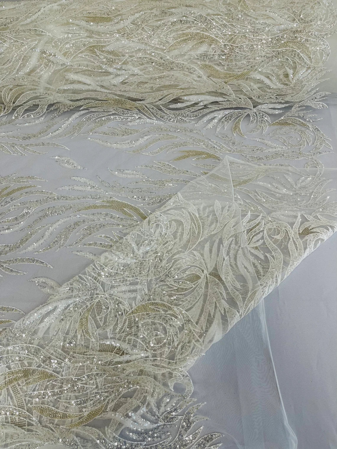Fire Flame Bead Design - Ivory - Embroidered Fire Flame Design Fabric with Beads by Yard