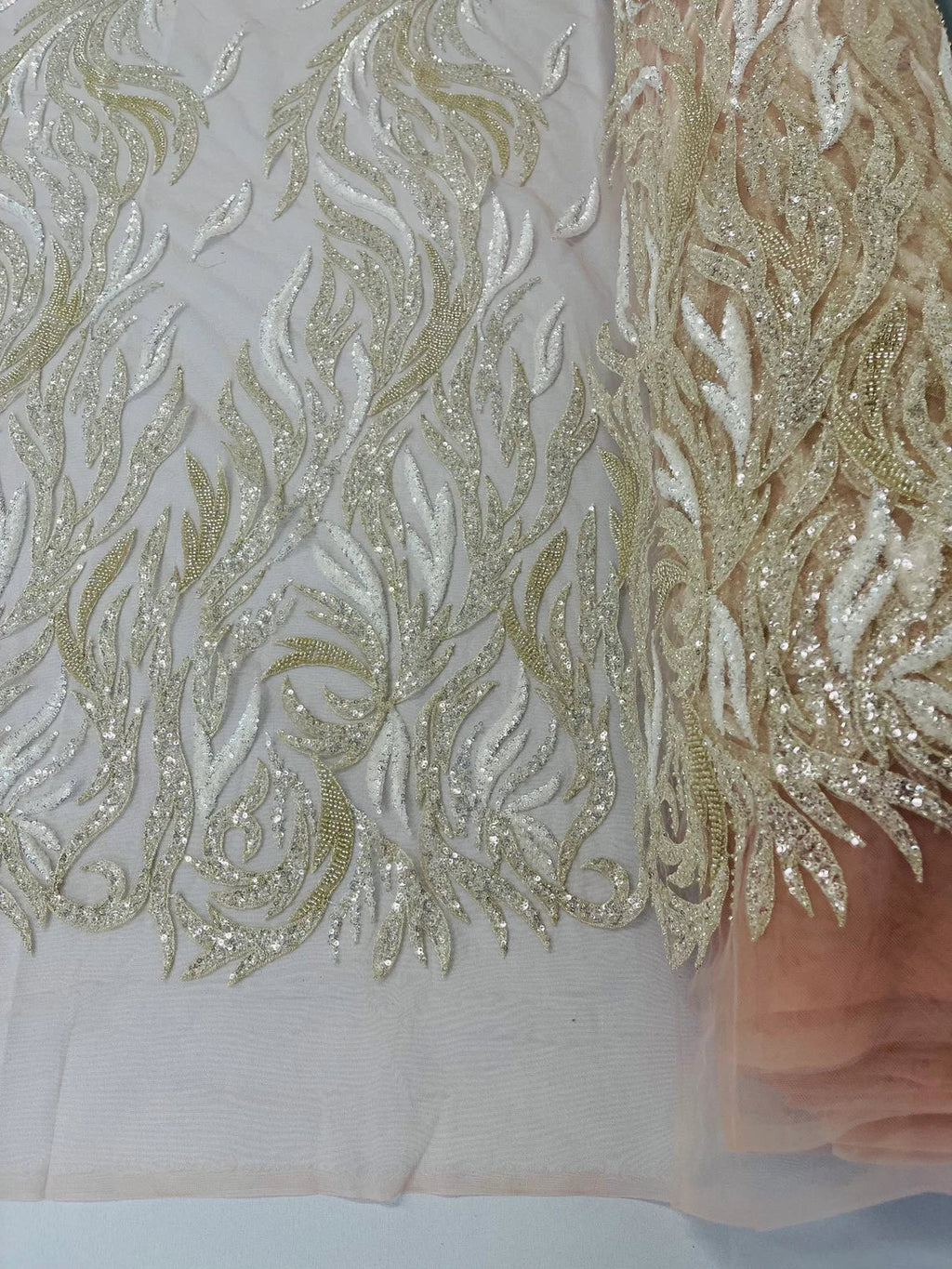 Fire Flame Bead Design - Clear - Embroidered Fire Flame Design Fabric with Beads by Yard