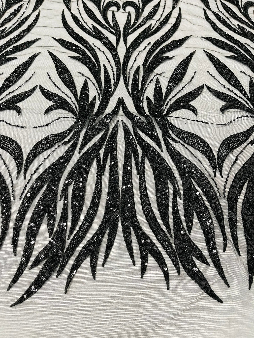 Beaded Elegant Leaf Fabric - Black - Embroidered Leaf Design Beaded Fabric Sold by Yard