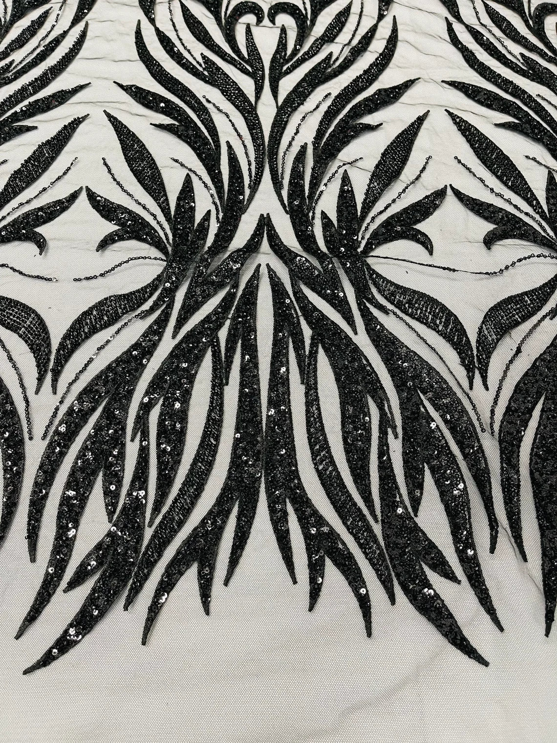 Beaded Elegant Leaf Fabric - Black - Embroidered Leaf Design Beaded Fabric Sold by Yard