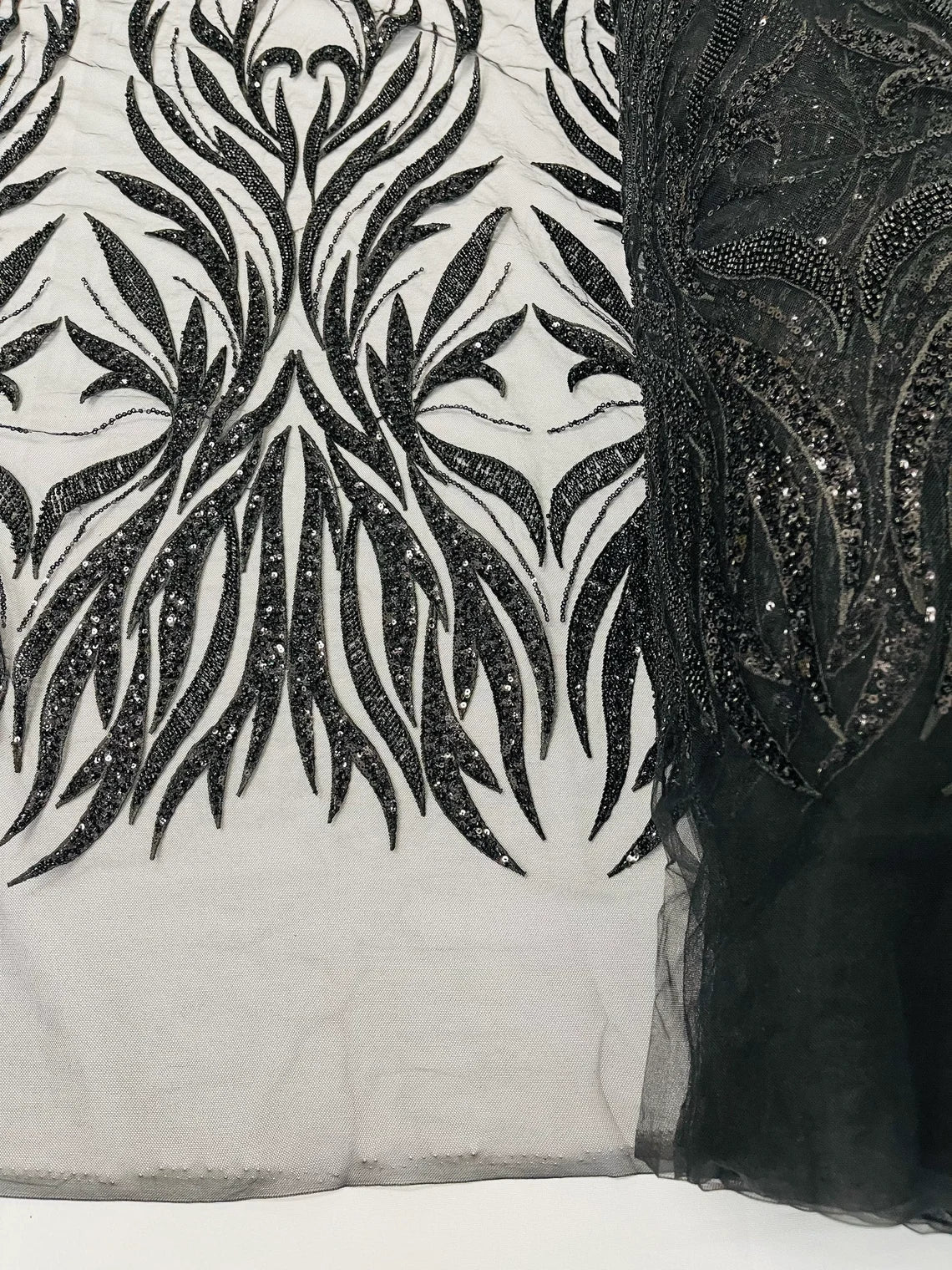 Beaded Elegant Leaf Fabric - Black - Embroidered Leaf Design Beaded Fabric Sold by Yard