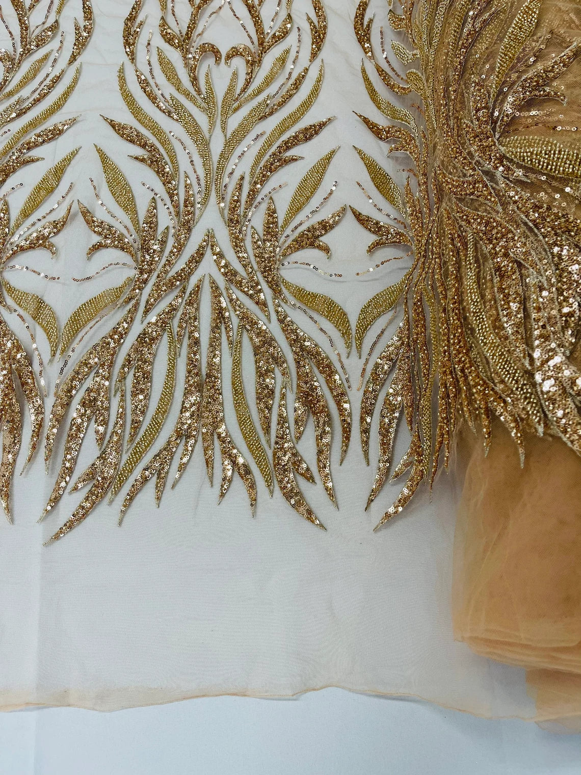 Beaded Elegant Leaf Fabric - Rose Gold - Embroidered Leaf Design Beaded Fabric Sold by Yard