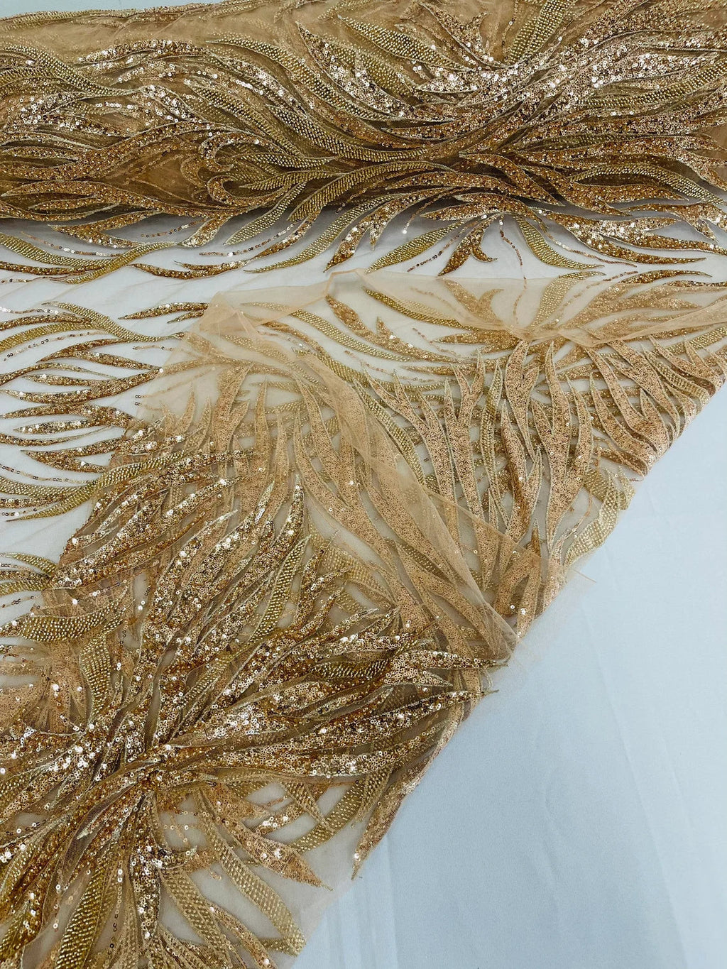 Beaded Elegant Leaf Fabric - Rose Gold - Embroidered Leaf Design Beaded Fabric Sold by Yard