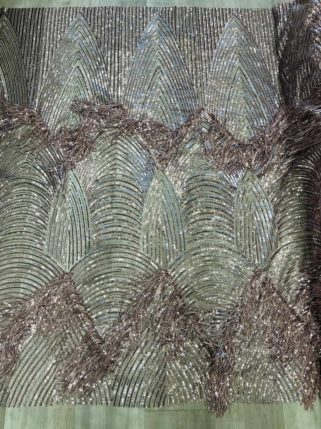Fringe Sequins Fabric - Mauve - 2 Way Stretch Glamorous Fringe Design on Mesh By Yard