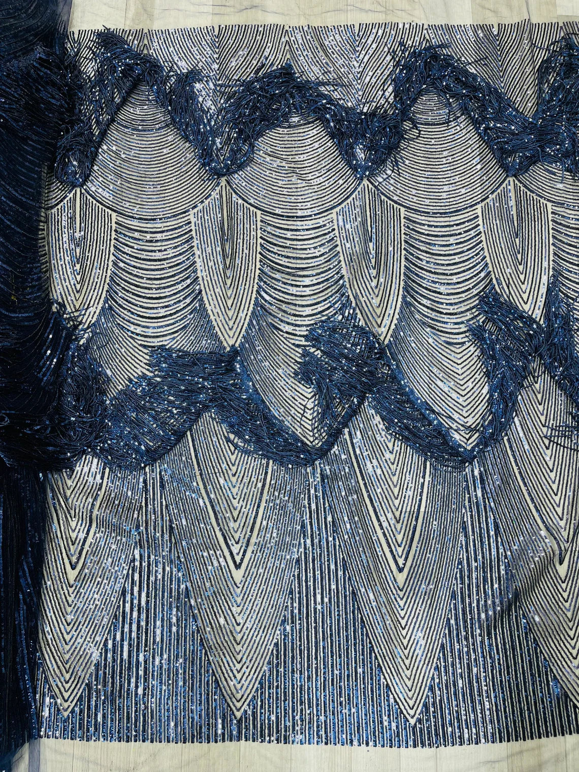 Fringe Sequins Fabric - Navy Blue - 2 Way Stretch Glamorous Fringe Design on Mesh By Yard