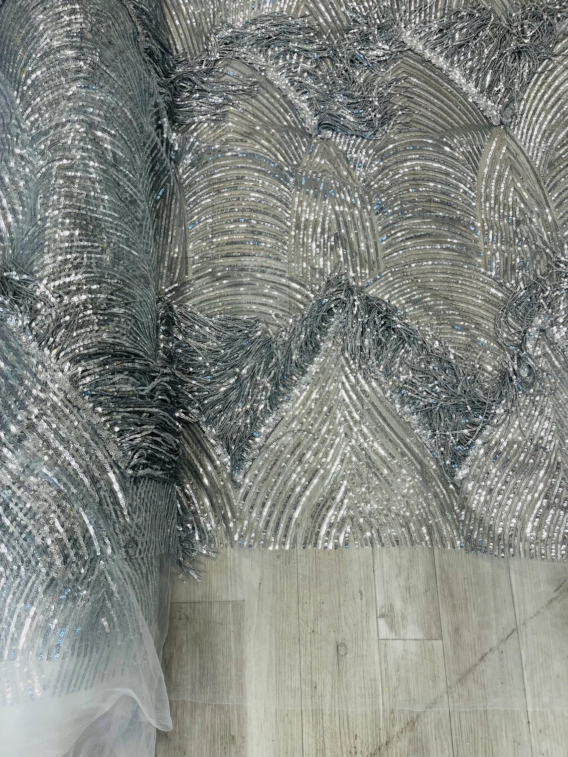 Fringe Sequins Fabric - Silver - 2 Way Stretch Glamorous Fringe Design on Mesh By Yard