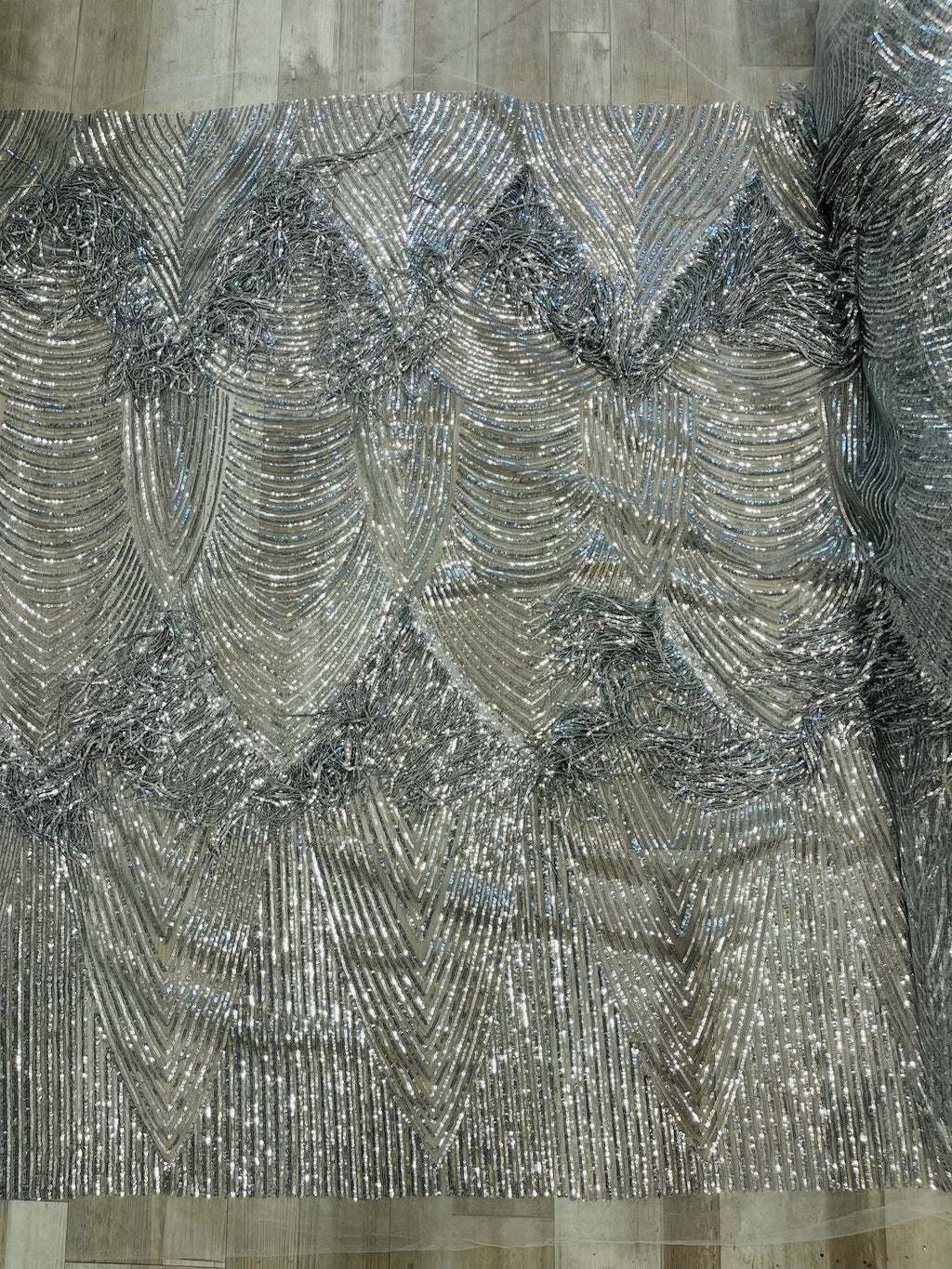 Fringe Sequins Fabric - Silver - 2 Way Stretch Glamorous Fringe Design on Mesh By Yard