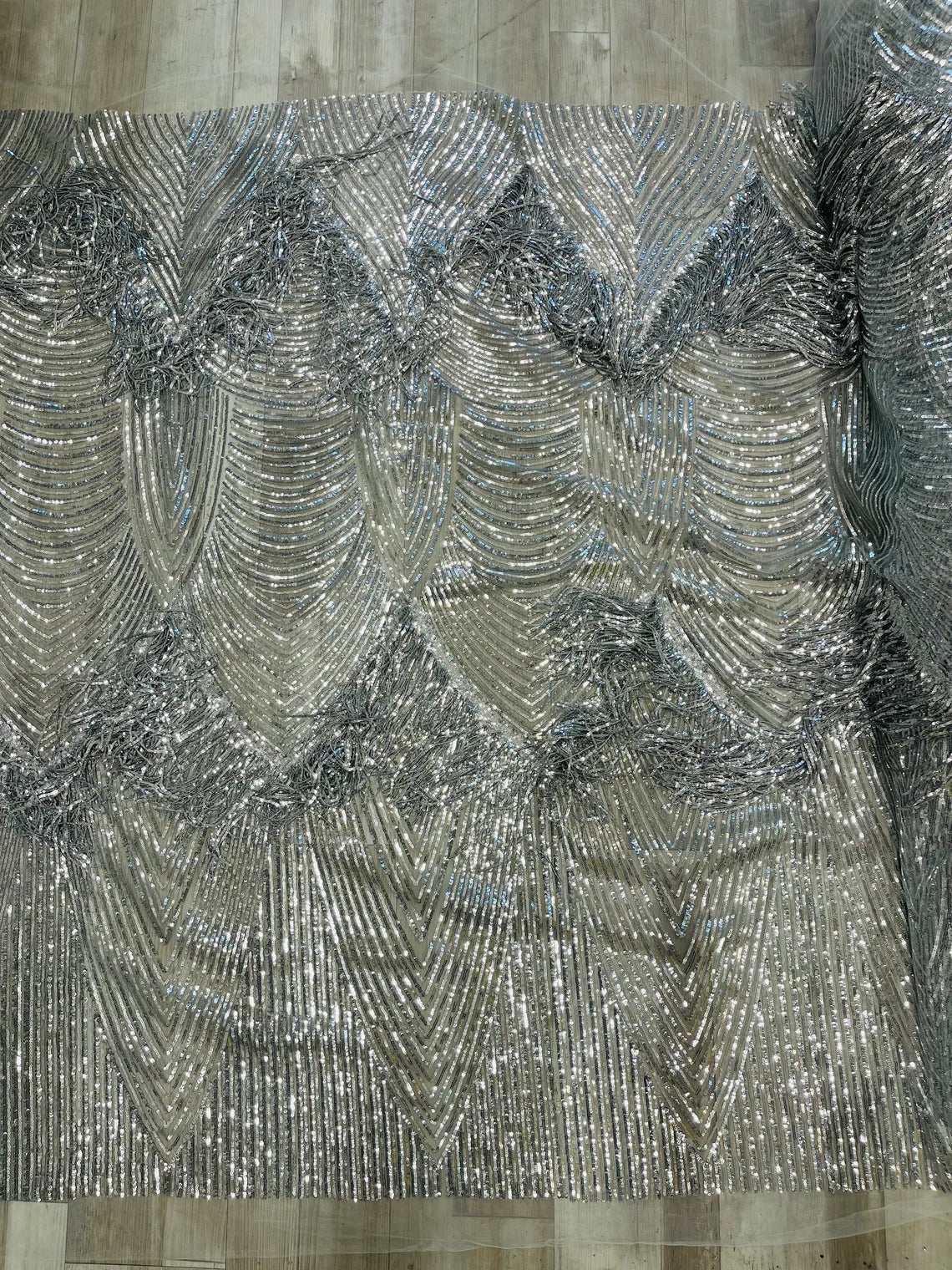 Fringe Sequins Fabric - Silver - 2 Way Stretch Glamorous Fringe Design on Mesh By Yard