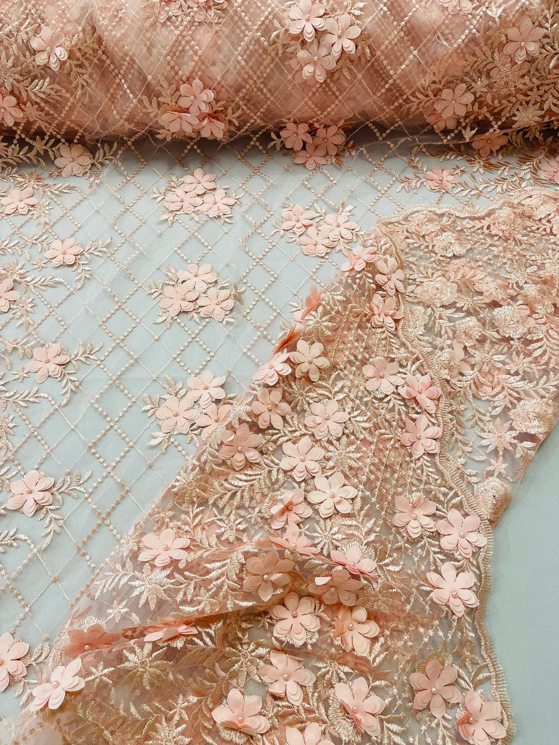 3D Floral Pearl Fabric - Blush - 3D Triangle Flower Design on Mesh By Yard