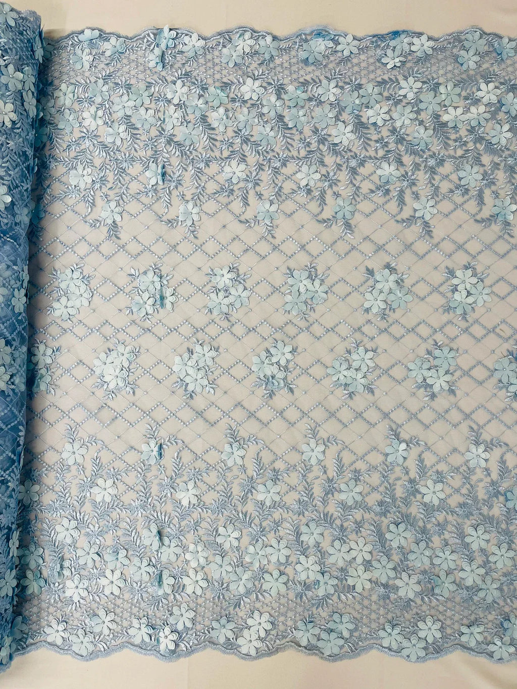 3D Floral Pearl Fabric - Baby Blue - 3D Triangle Flower Design on Mesh By Yard