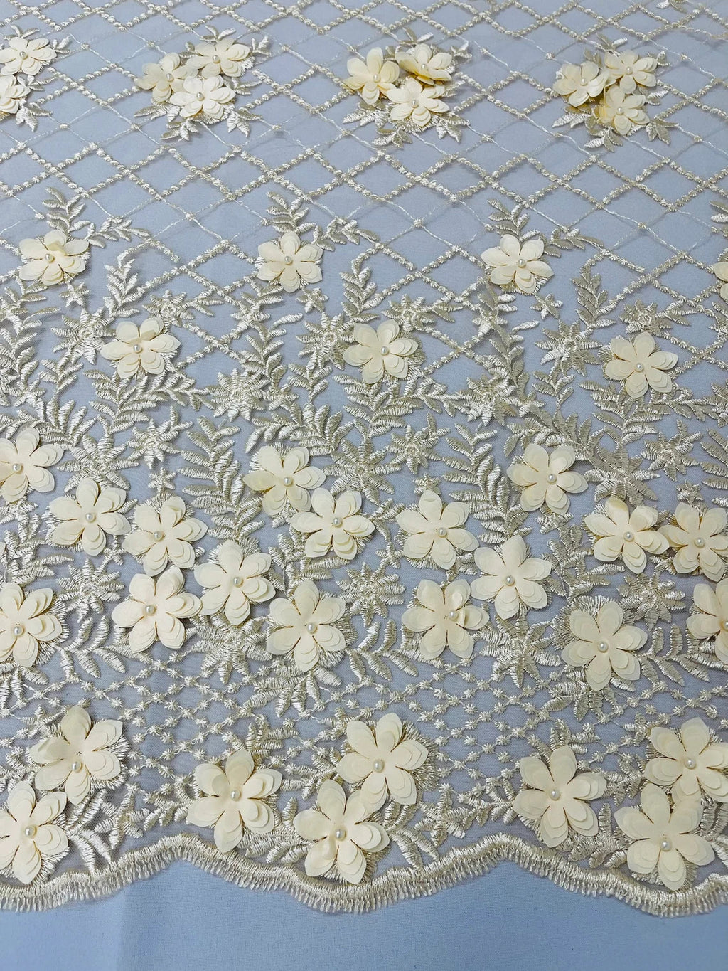 3D Floral Pearl Fabric - Champagne - 3D Triangle Flower Design on Mesh By Yard