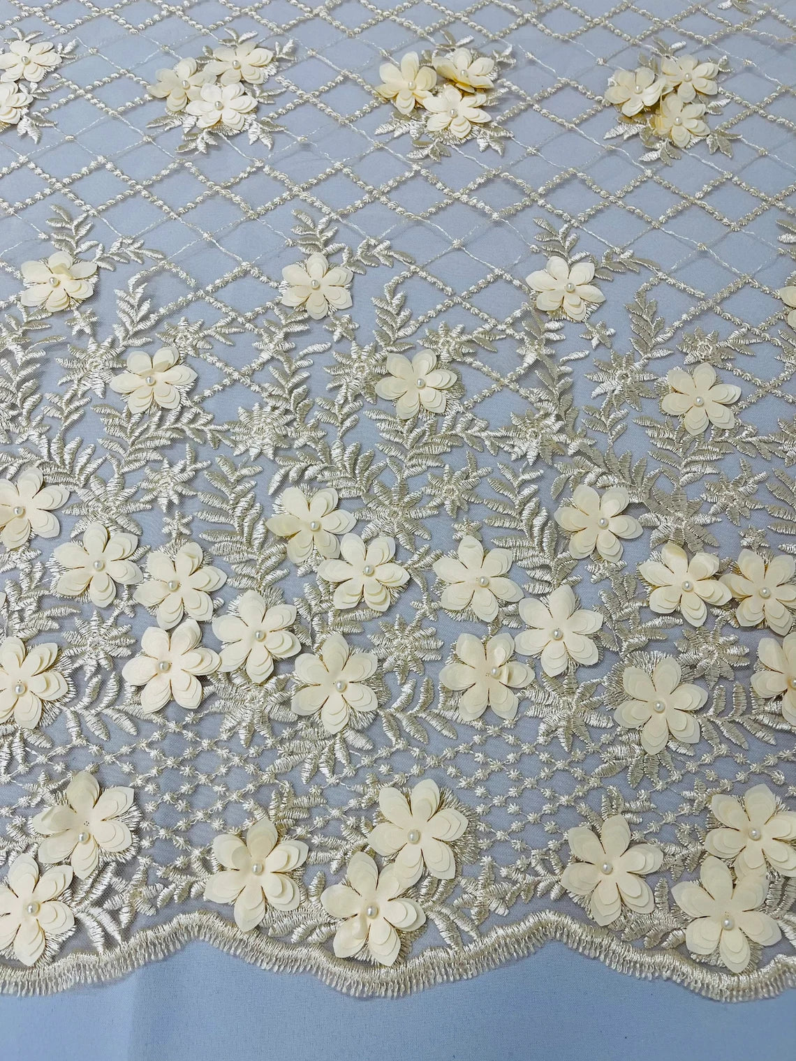 3D Floral Pearl Fabric - Champagne - 3D Triangle Flower Design on Mesh By Yard