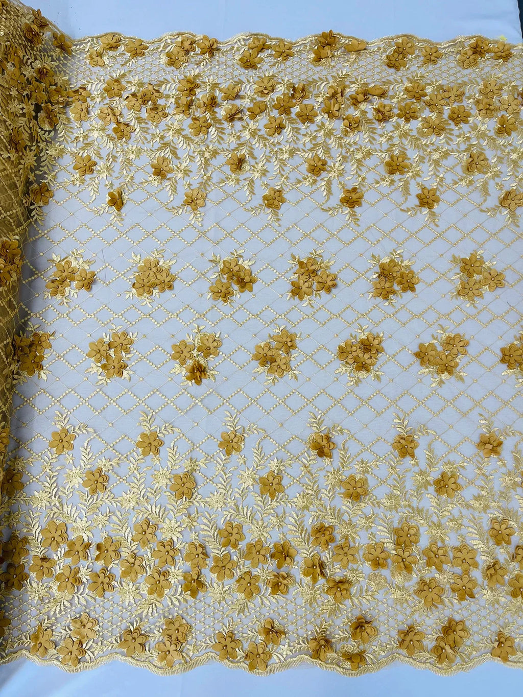 3D Floral Pearl Fabric - Gold - 3D Triangle Flower Design on Mesh By Yard