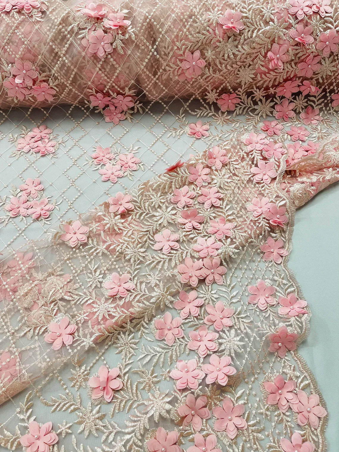 3D Floral Pearl Fabric - Pink - 3D Triangle Flower Design on Mesh By Yard