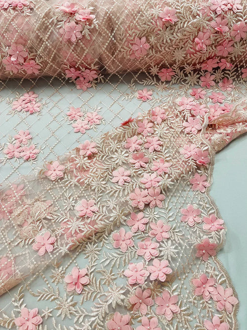 3D Floral Pearl Fabric - Pink - 3D Triangle Flower Design on Mesh By Yard