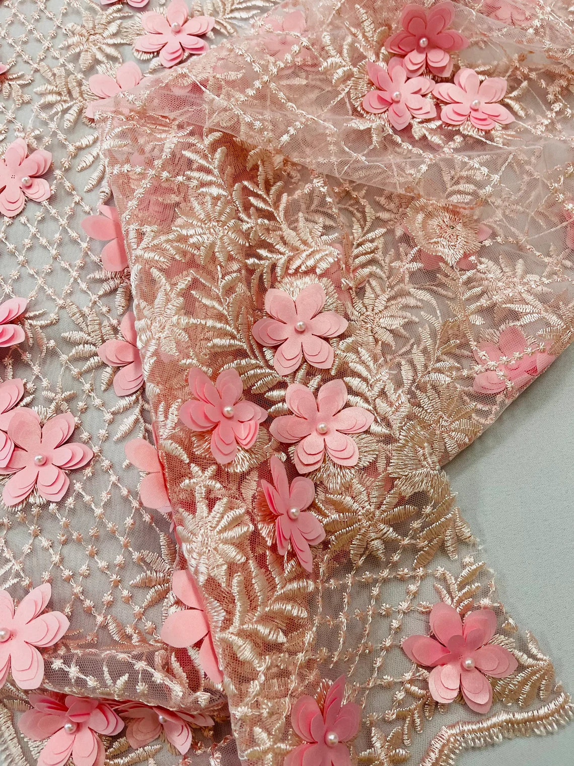 3D Floral Pearl Fabric - Pink - 3D Triangle Flower Design on Mesh By Yard