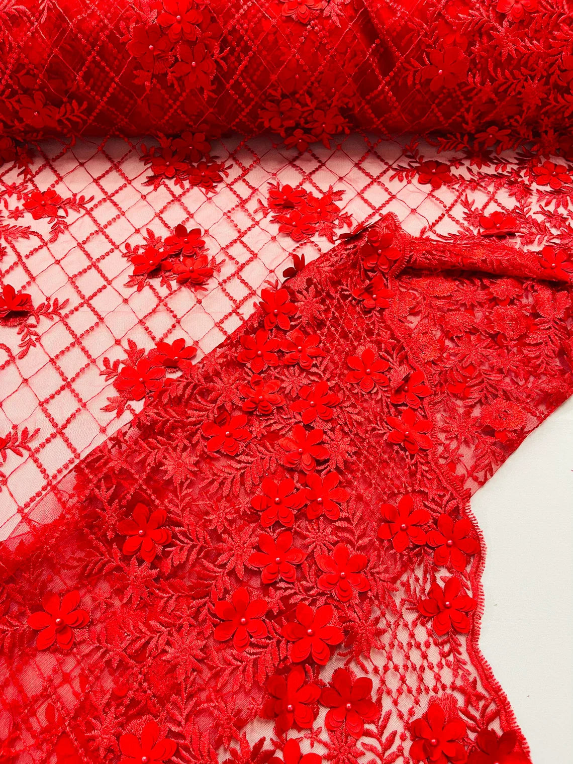 3D Floral Pearl Fabric - Red - 3D Triangle Flower Design on Mesh By Yard