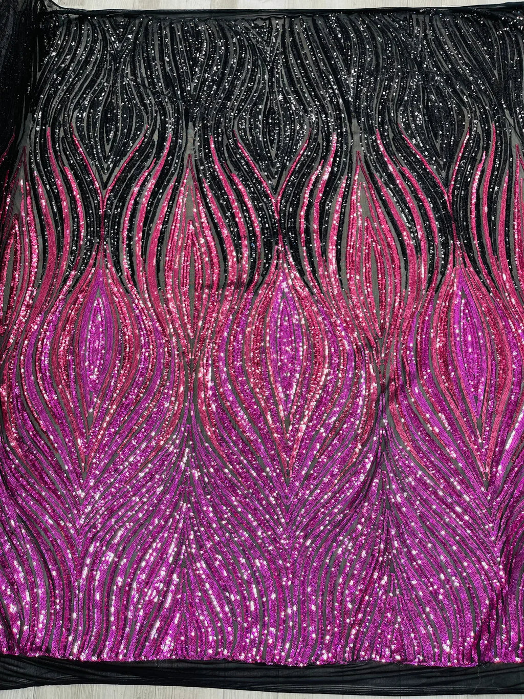 Multi-Color Fabric - Magenta/Black - Feather Shape Sequins Fabric Sold By Yard
