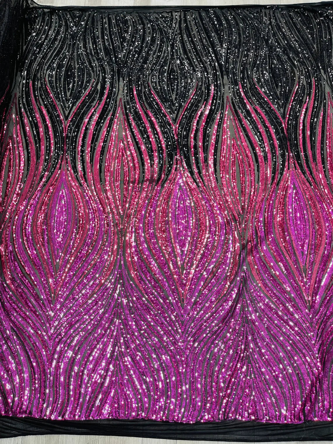 Multi-Color Fabric - Magenta/Black - Feather Shape Sequins Fabric Sold By Yard