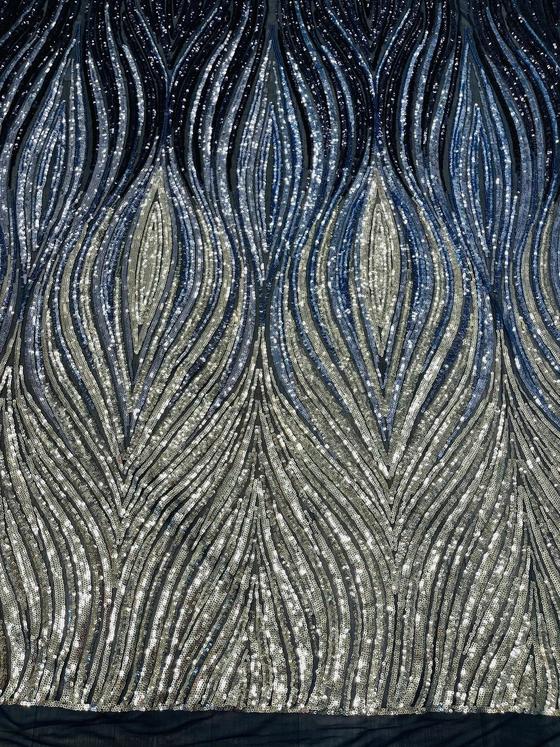 Multi-Color Fabric - Light Gold/Silver/Black - Feather Shape Sequins Fabric Sold By Yard